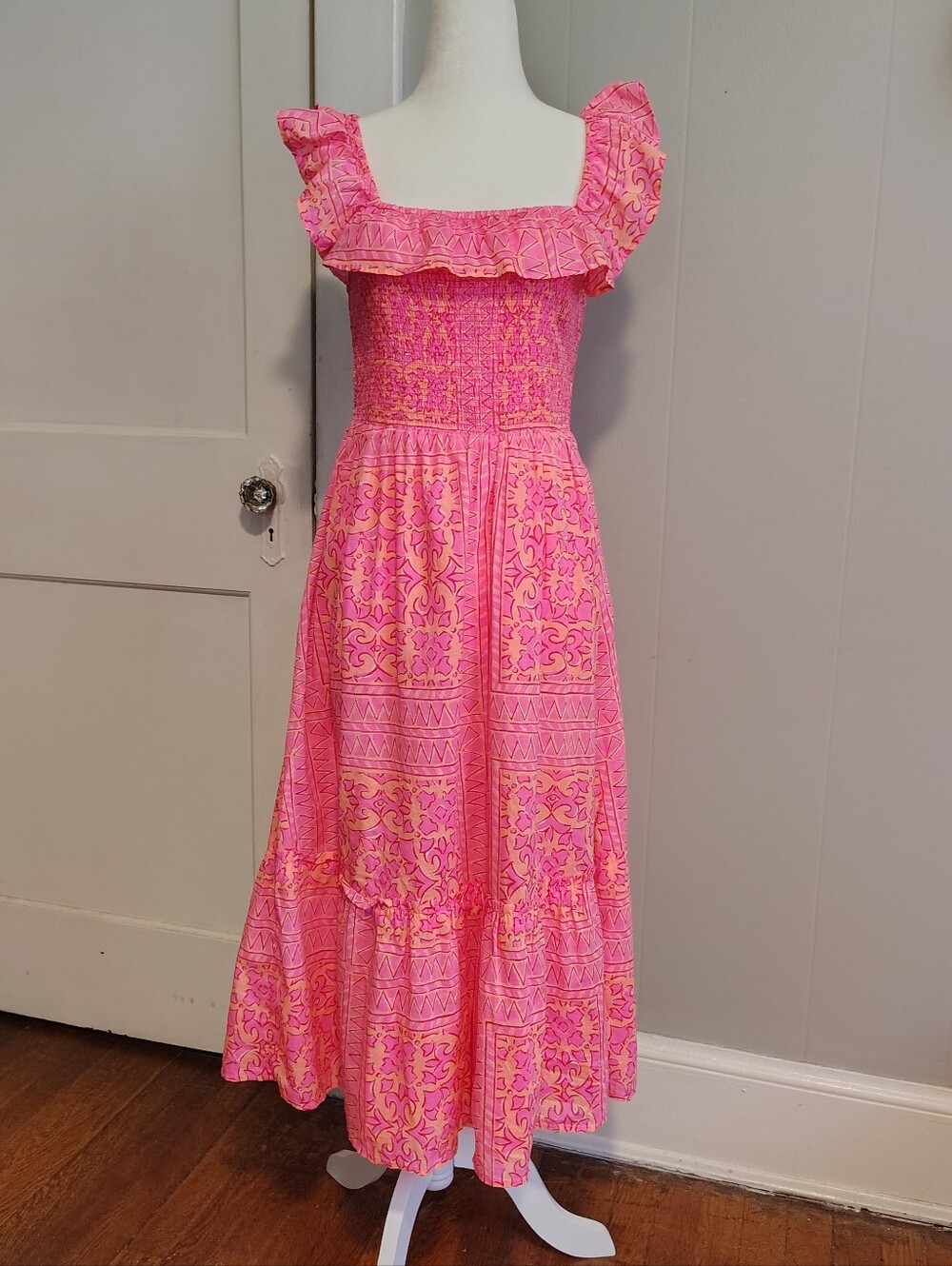 Vineyard Vines Women's Tortola Smocked Midi Dress Pink Orange Sz XS Extra Small